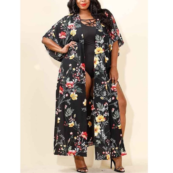 Tops - Black Floral Kimono Cardigan Duster Maxi Tunic